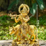 KRISHNA PLAYING FLUTE WITH COW BEHIND ON ROUND BASE PEEDAM WITH TWO PEACOCK