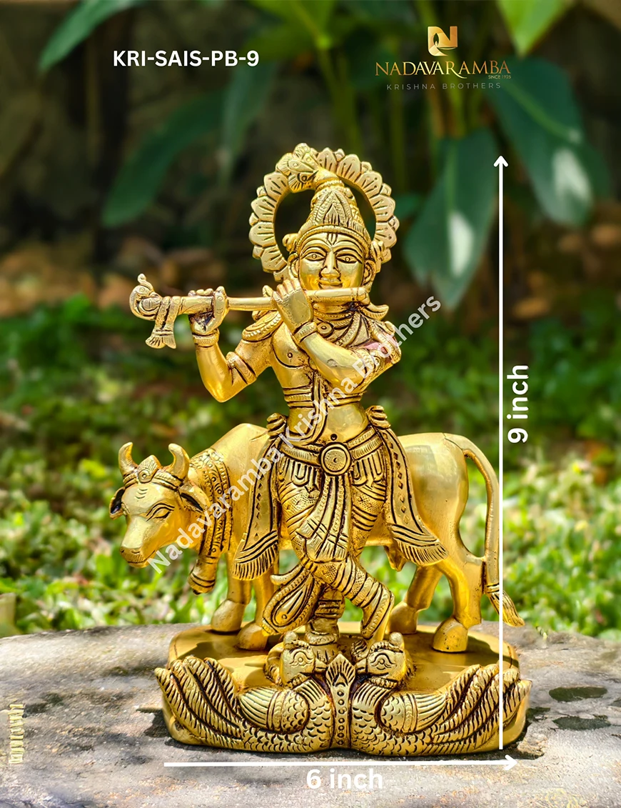 1 KRISHNA PLAYING FLUTE WITH COW BEHIND ON ROUND BASE PEEDAM WITH TWO PEACOCK